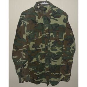 Vtg Wolverine Men’s M/L LS Button Flannel Shirt Woodland Camo Made USA